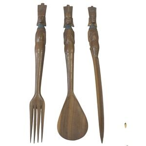 Hand Carved Wooden Utensil Set Tribal Figures Fork Spoon Pick Boho brown artsy